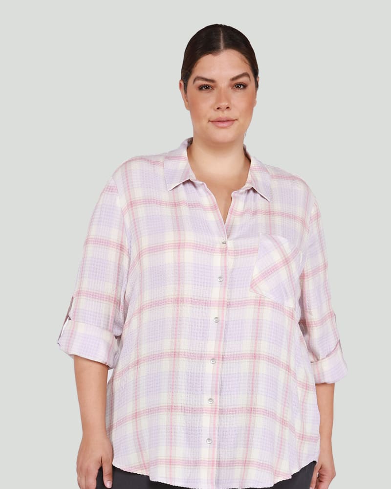 Front of a model wearing a size 1X Leanne Button Front Shirt in Lavender Plaid by DEX PLUS. | dia_product_style_image_id:260545